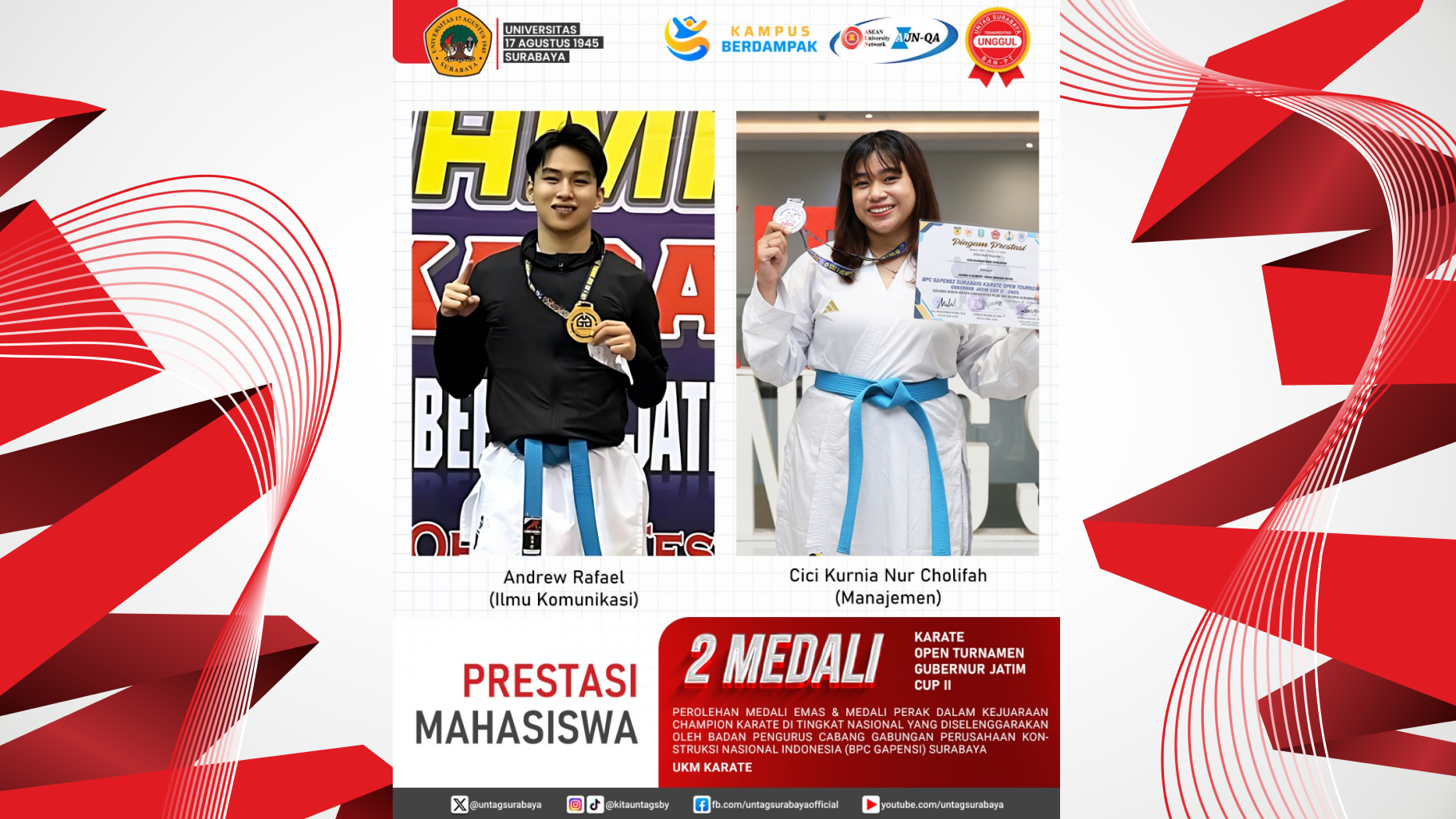 EMAS & PERAK DI GUBERNUR JATIM CUP II, UKM KARATE UNTAG SURABAYA UNJUK KUALITAS NASIONAL
