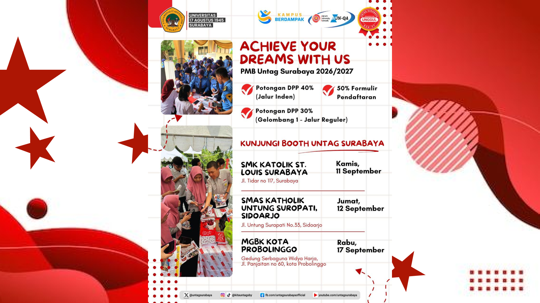 BOOTH PMB UNTAG SURABAYA HADIR DI 3 KOTA DISKON FORMULIR 50% & DPP HINGGA 40%