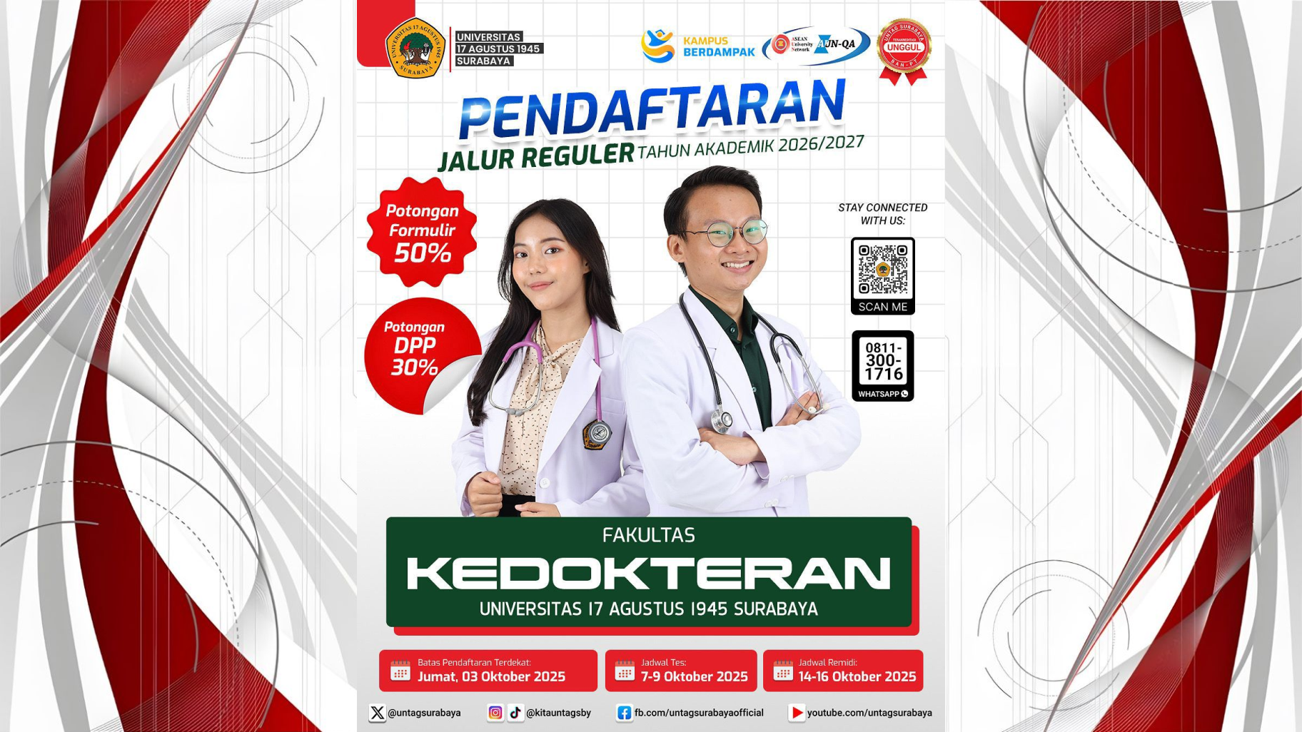 RESMI DIBUKA! PENDAFTARAN FAKULTAS KEDOKTERAN UNTAG SURABAYA, DISKON DPP 30% & FORMULIR 50%