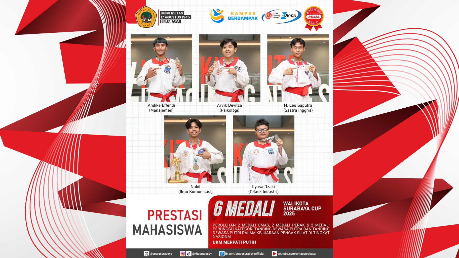 LIMA MAHASISWA UNTAG SURABAYA UKIR ENAM MEDALI DI WALIKOTA SURABAYA CUP 2025