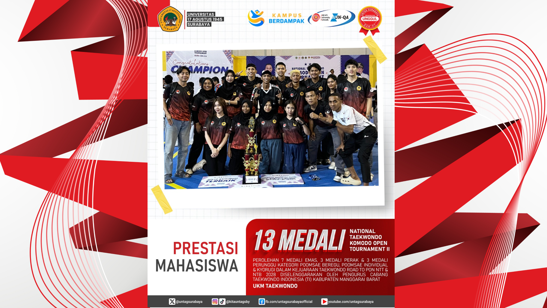UKM TAEKWONDO UNTAG SURABAYA RAIH 13 MEDALI DI AJANG NASIONAL