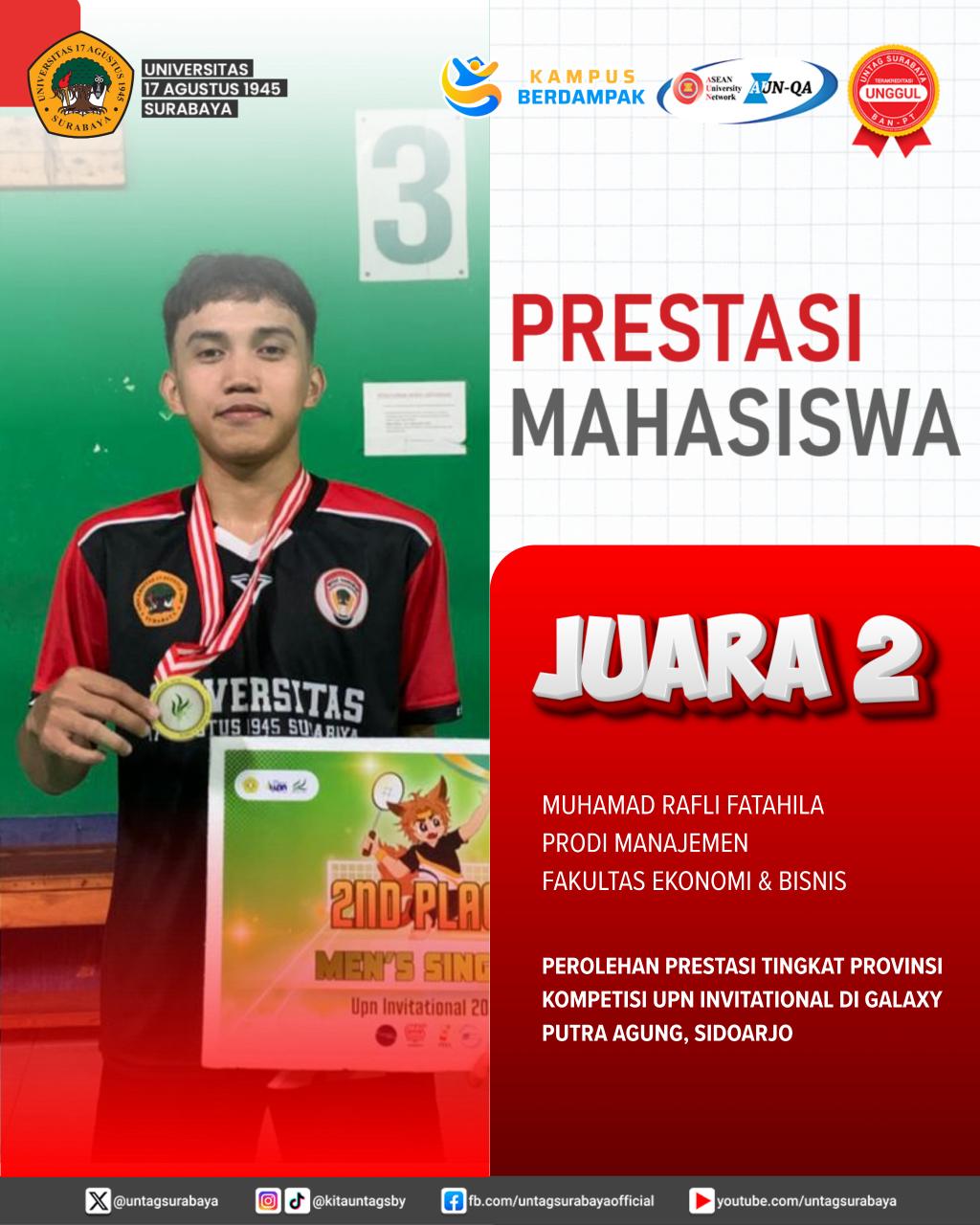 Mahasiswa Untag Surabaya Raih Juara 2 Tingkat Provinsi pada UPN Invitational