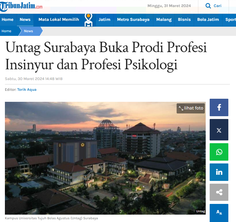 Untag Surabaya Buka Prodi Profesi Insinyur dan Profesi Psikologi  