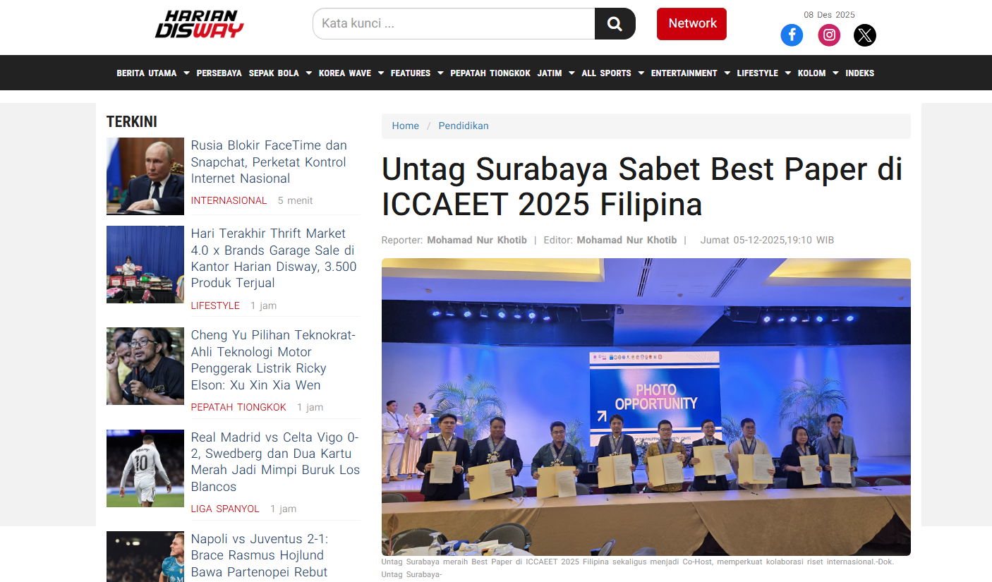 UNTAG SURABAYA SABET BEST PAPER DI ICCAFEST 2025 FILIPHINA
