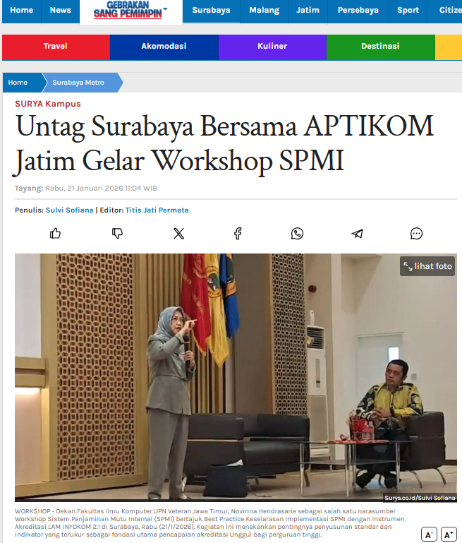 UNTAG SURABAYA BERSAMA APTIKOM JATIM GELAR WORKSHOP SPMI SURABAYA