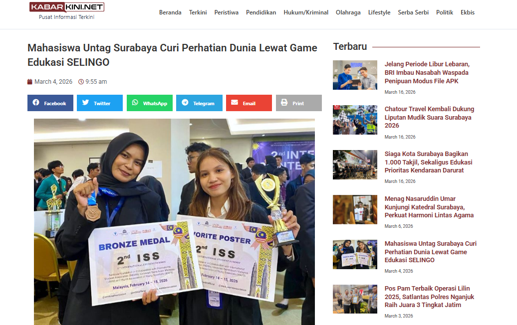 Mahasiswa Untag Surabaya Curi Perhatian Dunia Lewat Game Edukasi SELINGO