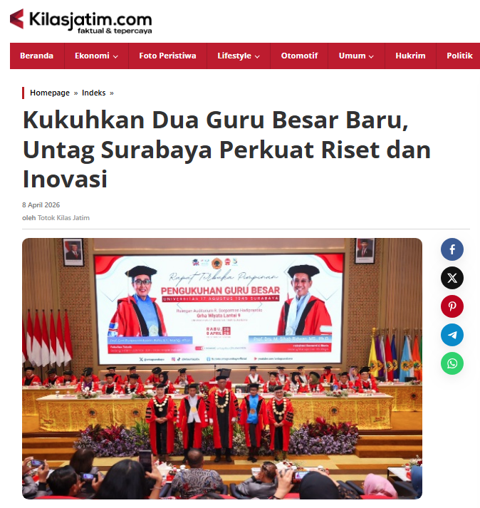 Kukuhkan Dua Guru Besar Baru, Untag Surabaya Perkuat Riset dan Inovasi