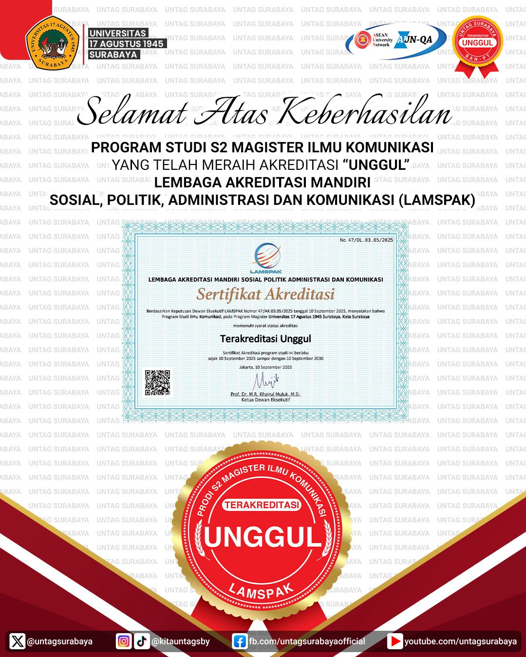 MAGISTER ILMU KOMUNIKASI UNTAG SURABAYA RAIH AKREDITASI UNGGUL DARI LAMSPAK