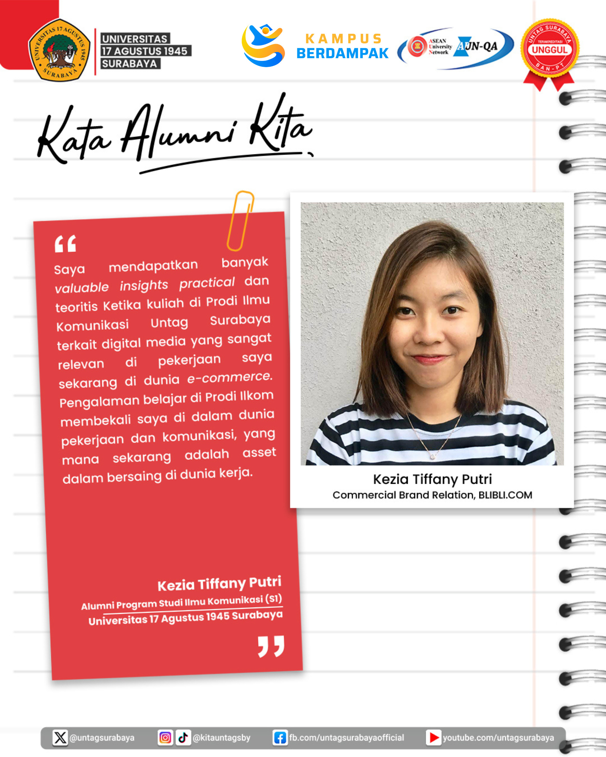 KATA ALUMNI KITA: ILMU KOMUNIKASI UNTAG MENGANTAR KEZIA KE PANGGUNG BRAND NASIONAL