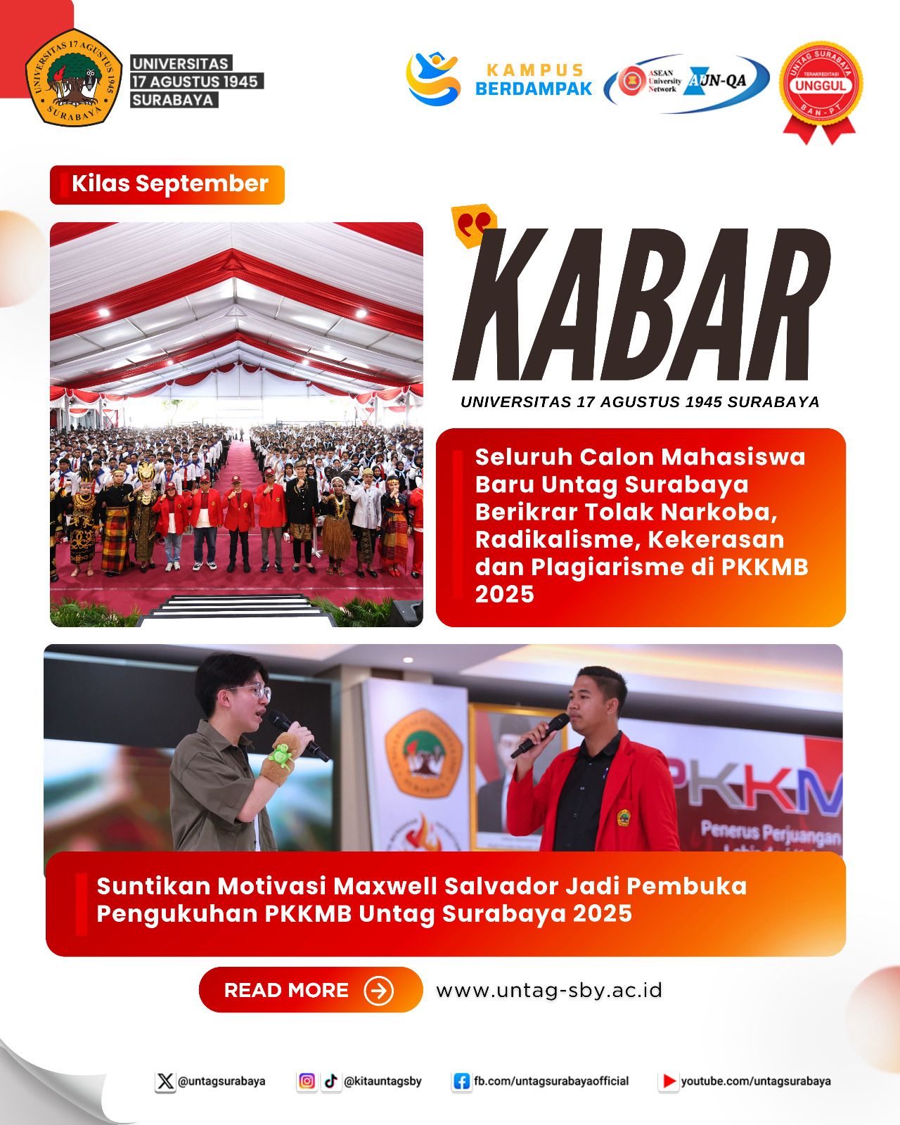 MAXWELL SALVADOR PANASKAN SEMANGAT RIBUAN MAHASISWA BARU DI PKKMB UNTAG SURABAYA