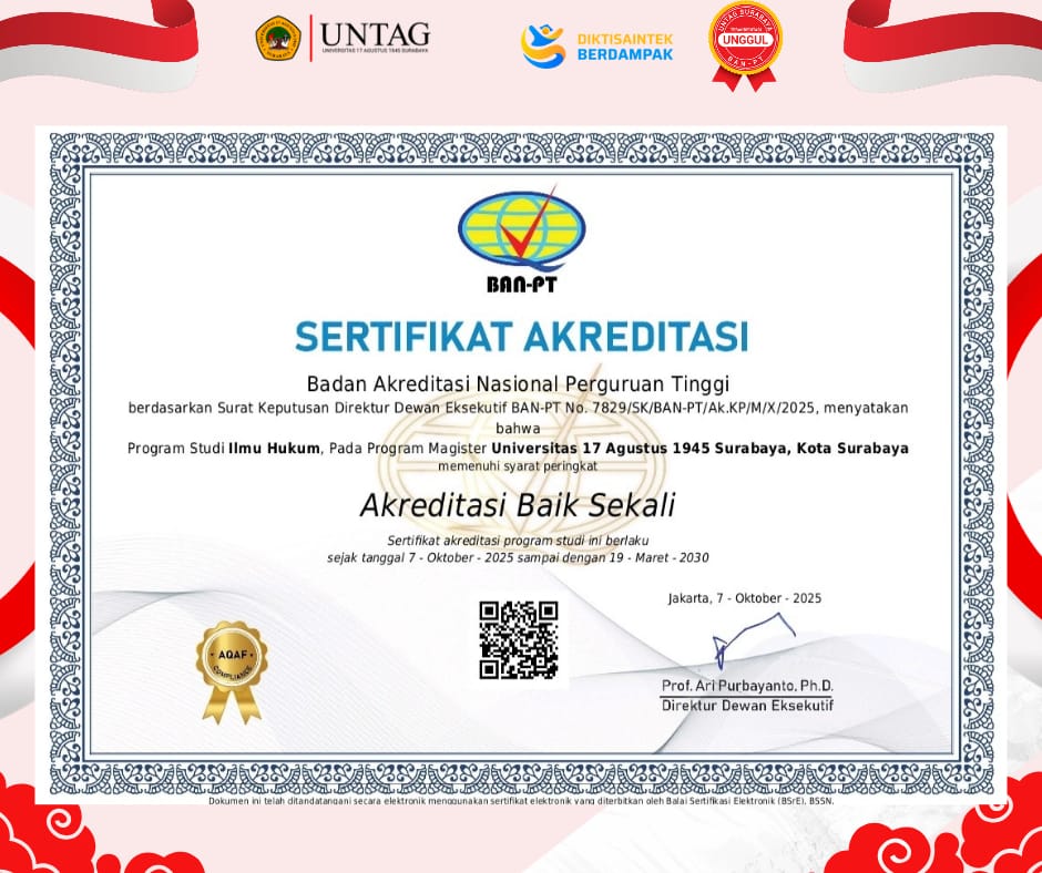 Program Magister Ilmu Hukum UNTAG Surabaya Raih Akreditasi Baik Sekali 