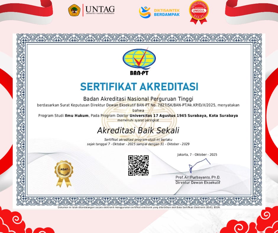 Program Doktor Ilmu Hukum UNTAG Surabaya Raih Akreditasi Baik Sekali dari BAN-PT