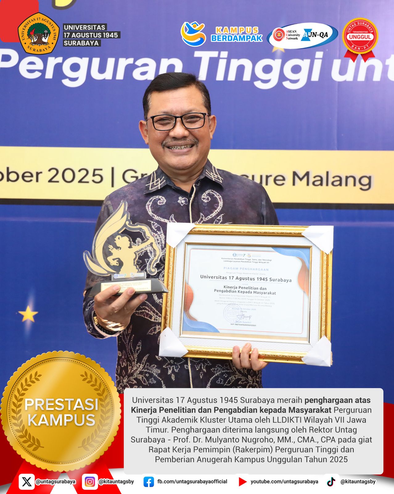 Untag Surabaya berhasil meraih Anugerah Kampus Unggulan kategori Kinerja Penelitian dan Pengabdian 