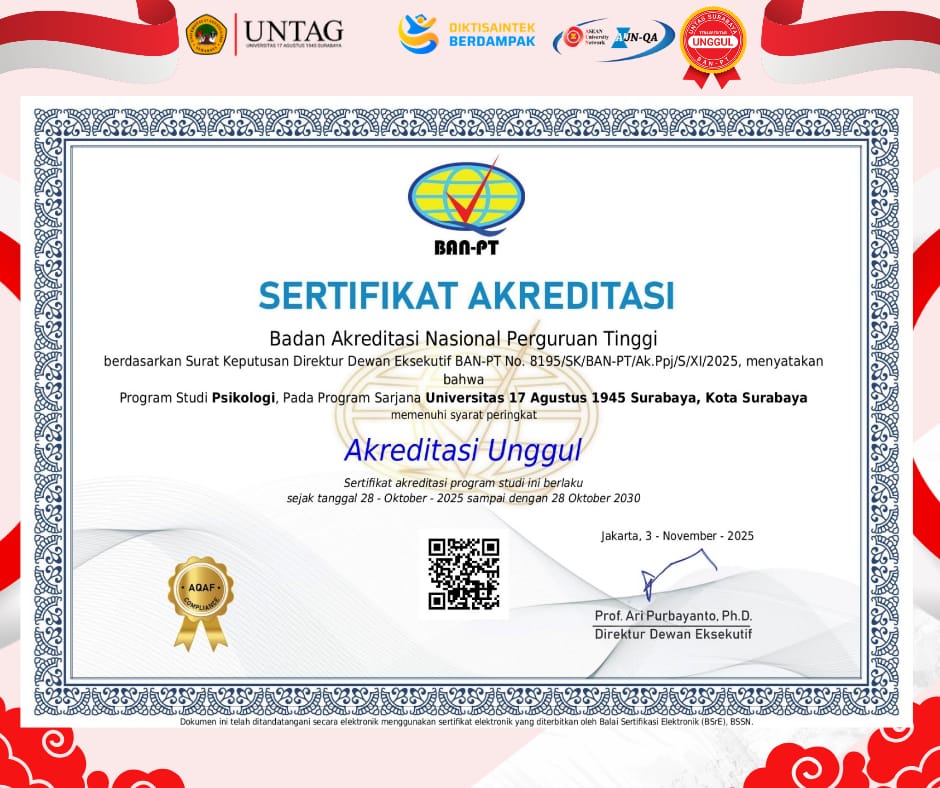 Prodi Psikologi UNTAG Surabaya Resmi Meraih Akreditasi Unggul dari BAN-PT
