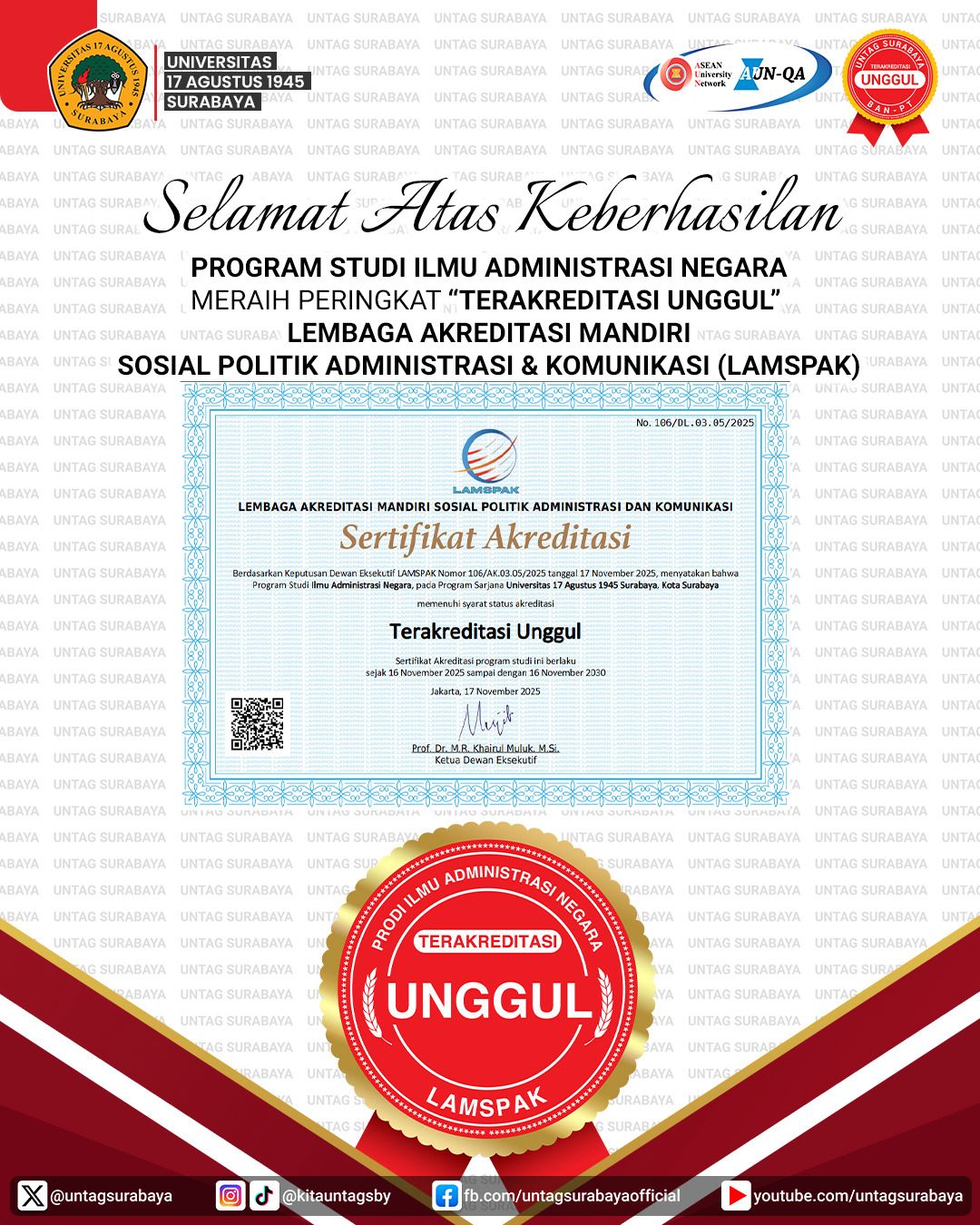 Prodi Ilmu Administrasi Negara UNTAG Surabaya Resmi Meraih Akreditasi Unggul dari LAMSPAK
