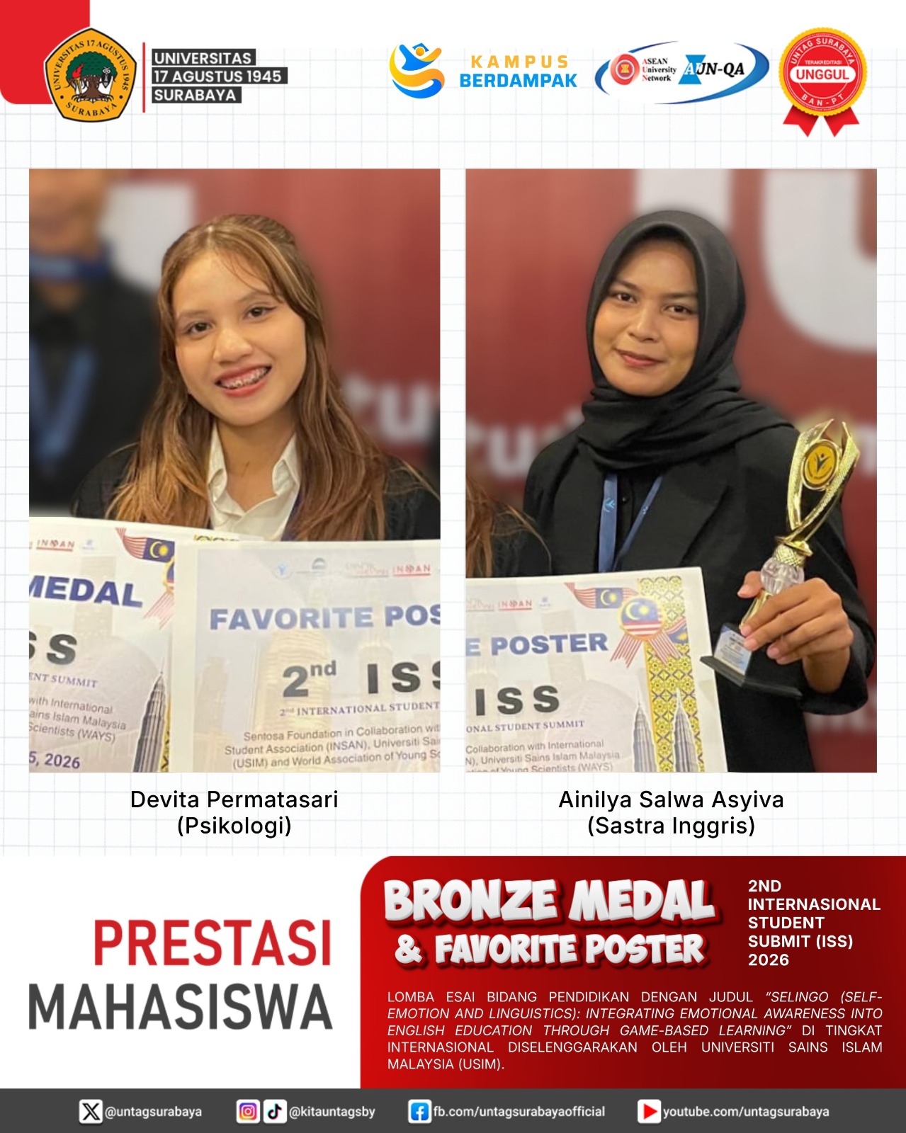 Mahasiswa Untag Surabaya Raih Bronze Medal dan Favorite Poster di Ajang Internasional ISS 2026