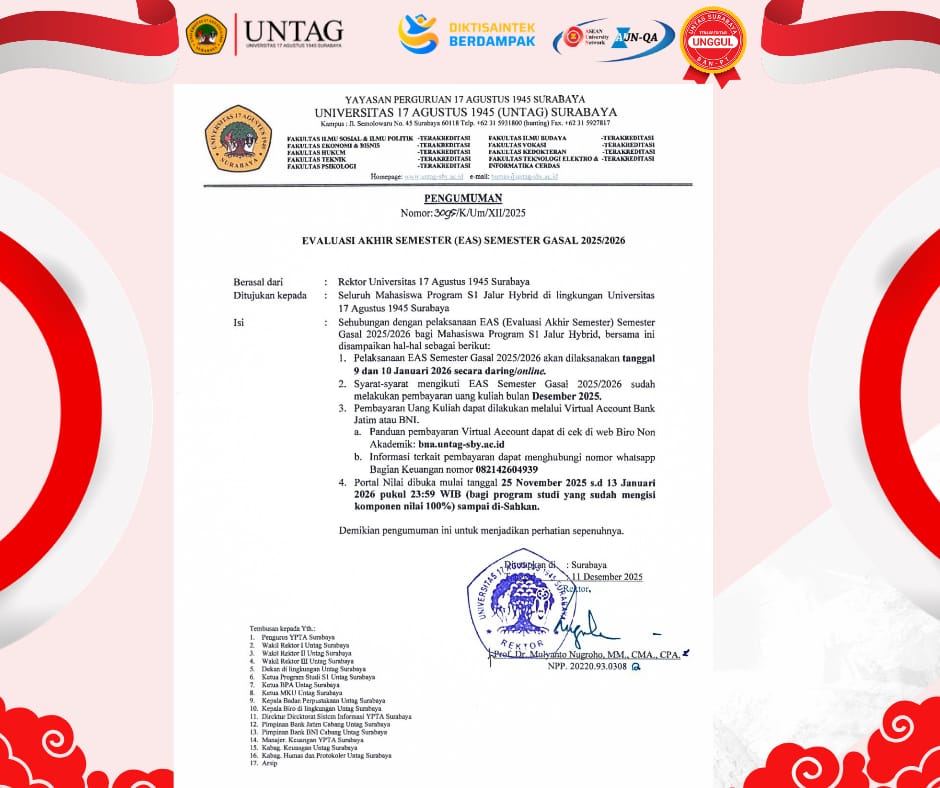 Jadwal Evaluasi Akhir Semester (EAS) Ganjil 2025/2026 di  Untag Surabaya Khusus Mahasiswa Hybrid
