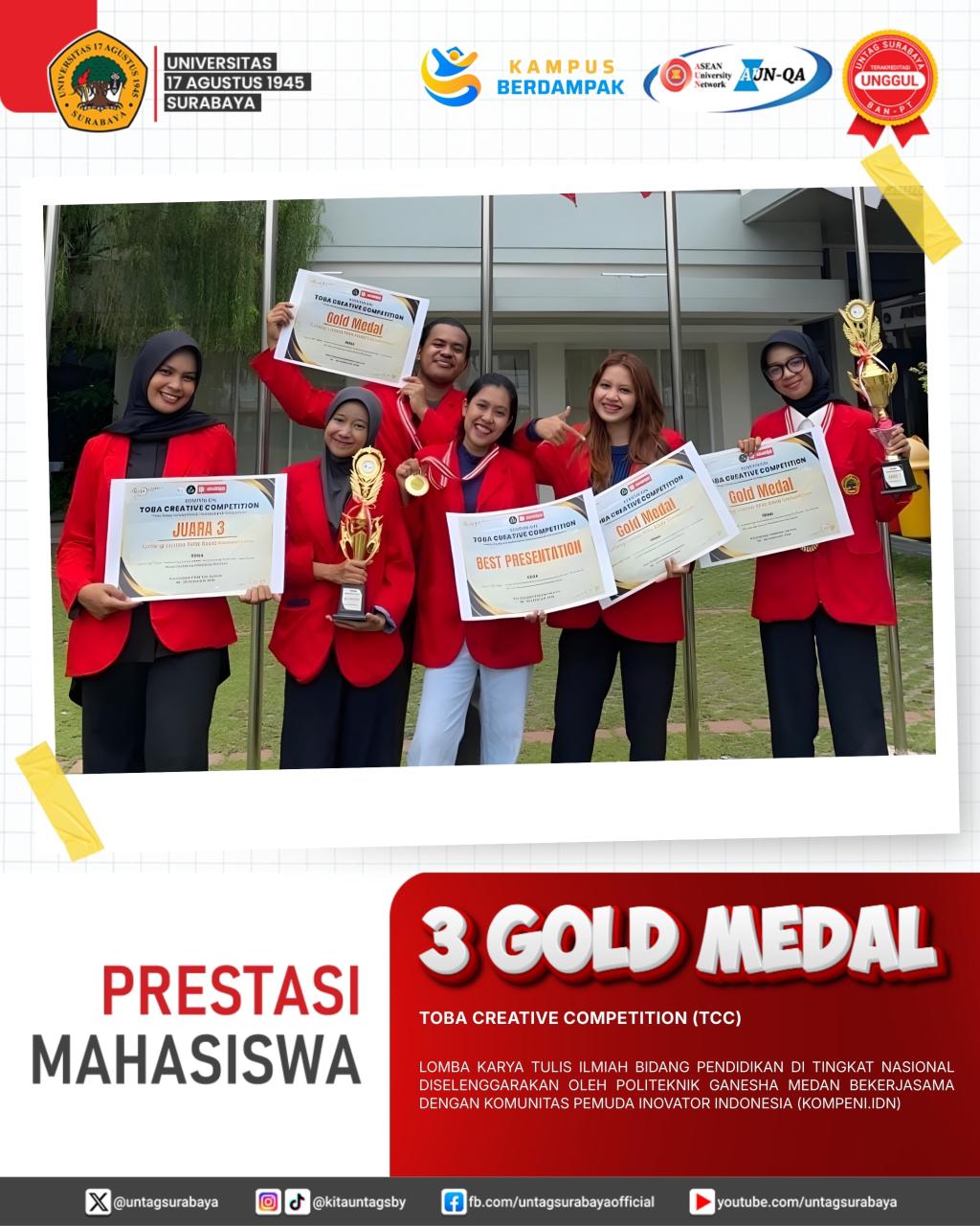 Mahasiswa Untag Surabaya Borong 3 Gold Medal di Ajang Toba Creative Competition 2026