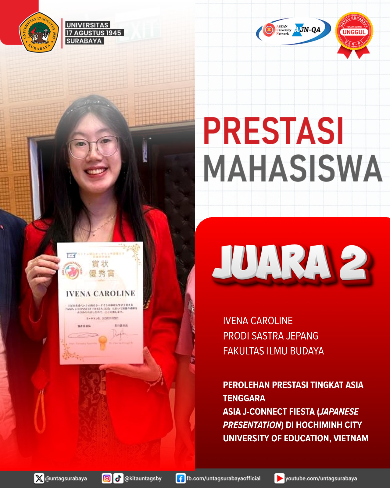 Mahasiswa Sastra Jepang Untag Surabaya Raih Juara 2 Tingkat Asia Tenggara di Ajang Asia J-Connect Fi