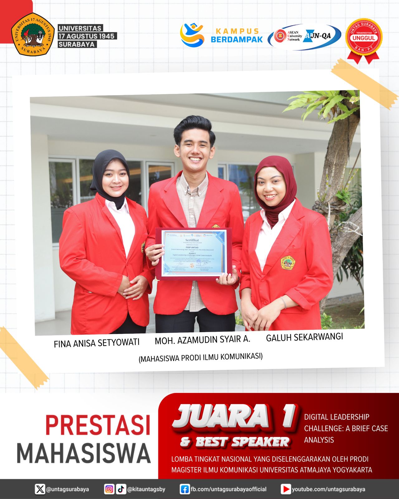 Mahasiswa Ilmu Komunikasi Untag Surabaya Raih Juara 1 dan Best Speaker pada Digital Leadership Chall