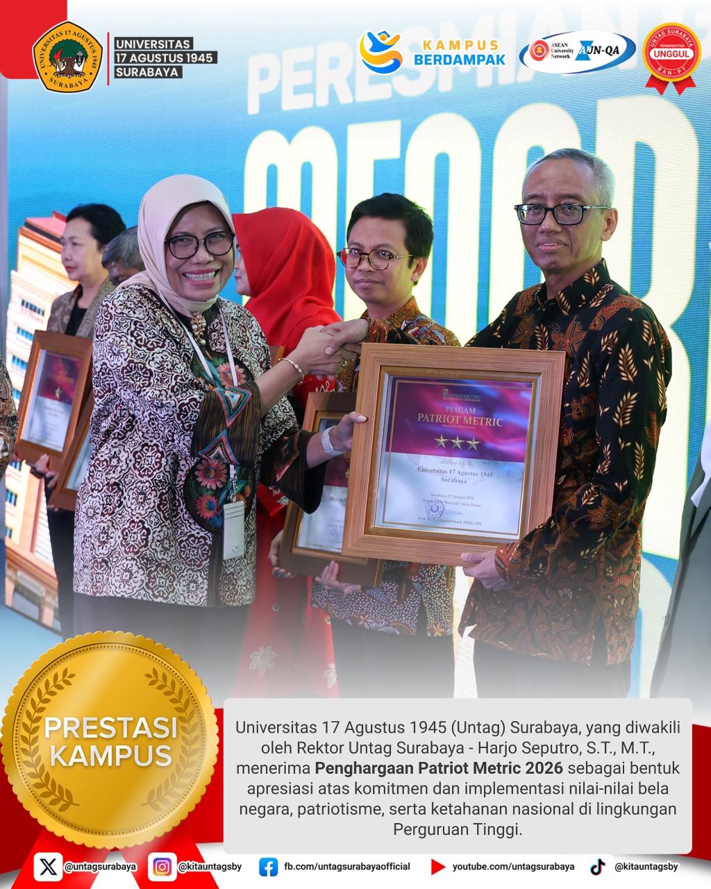 Untag Surabaya Raih Penghargaan Patriot Metric 2026, Teguhkan Komitmen Nilai Bela Negara