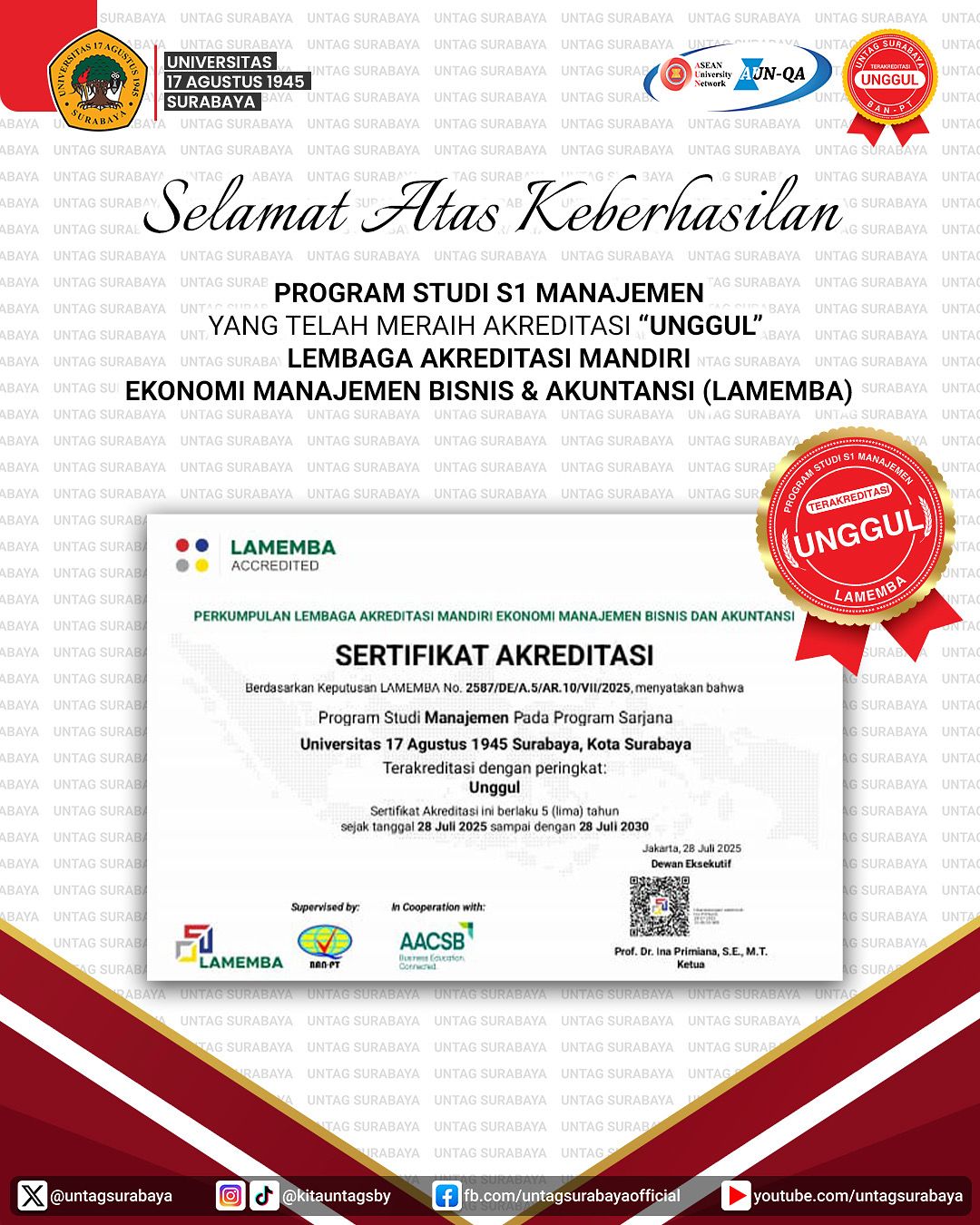 Program Studi S1 Manajemen UNTAG Surabaya Raih Akreditasi “Unggul” dari LAMEMBA