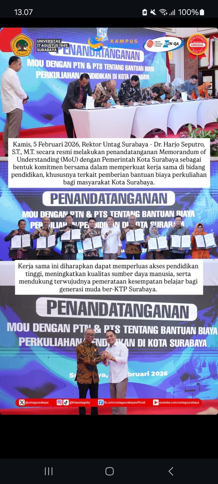 Untag Surabaya Teken MoU dengan Pemkot Surabaya, Perkuat Akses Bantuan Biaya Pendidikan