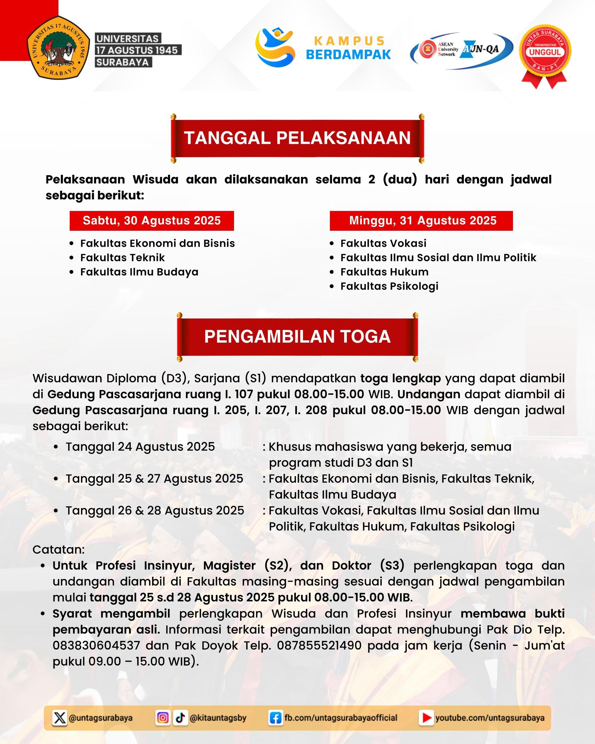 JADWAL PENGAMBILAN TOGA DAN PELAKSANAAN WISUDA AGUSTUS 2025