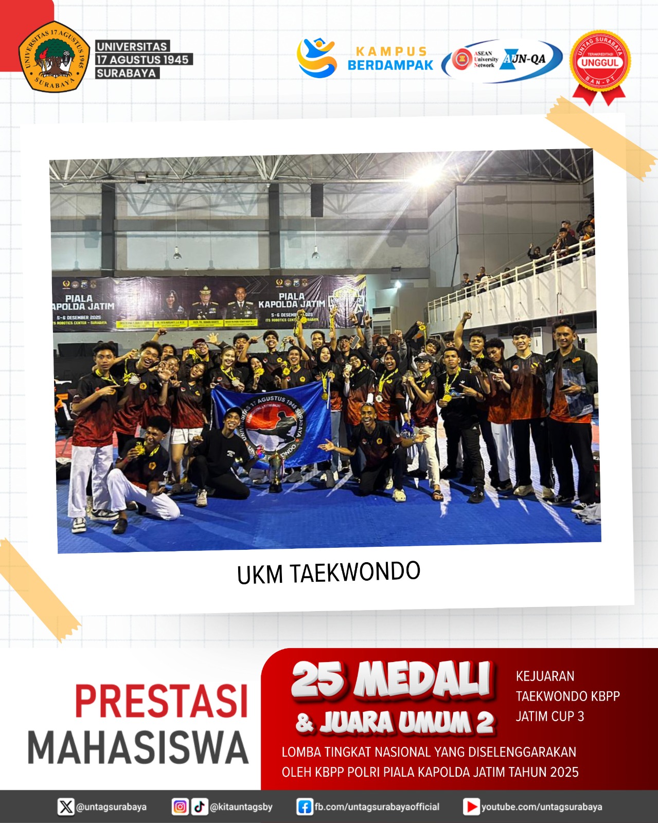 UKM Taekwondo Untag Surabaya Raih 25 Medali dan Juara Umum 2 di Kejuaraan Nasional KBPP Polri Piala 